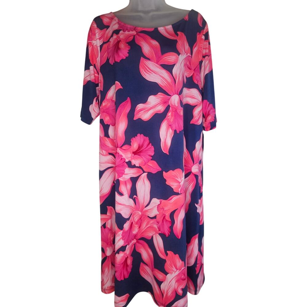Tommy Bahama Navy Pink Floral Sheath Dress. Sz XL Knee Length Stretch - Picture 2 of 7
